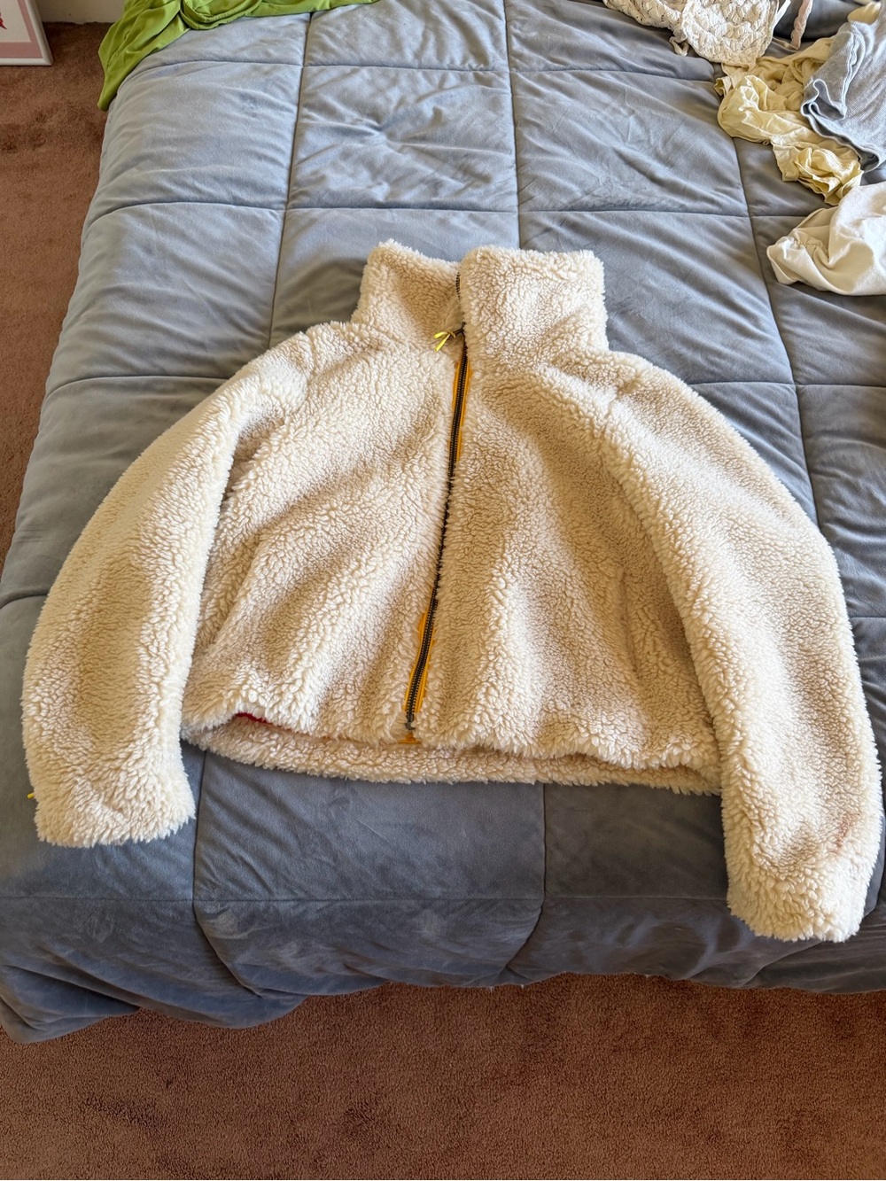 Apparis Cream Sherpa Puffer Jacket with Yellow Zip